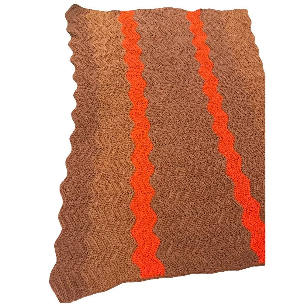 80s Afghan Crochet Throw Retro Handmade Chevron Zig Zag 46x46 Brown Orange Boho